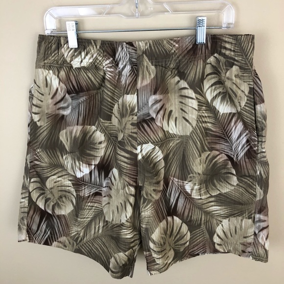 Laguna Originals Swim Trunks Mens L Palm Leaf Tan Green Elastic Waist Pockets - Picture 1 of 12